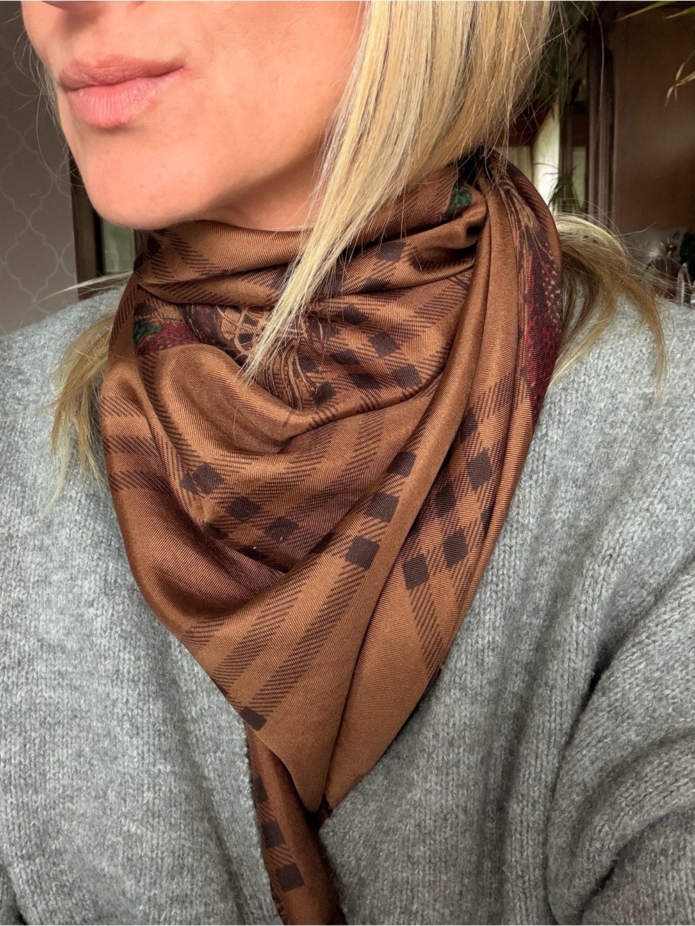 Burberrys Brown Plaid Silk-Blend Scarf with Subtle Pattern. Burberrys (with an "